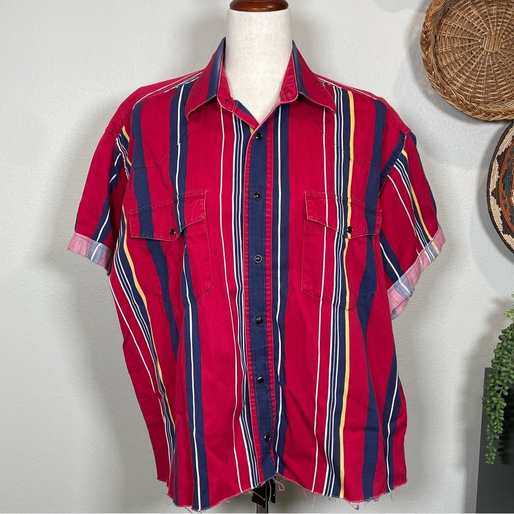 Upcycled Repurposed Wrangler Western Cropped Snap Up Shirt Red Striped Size L/XL